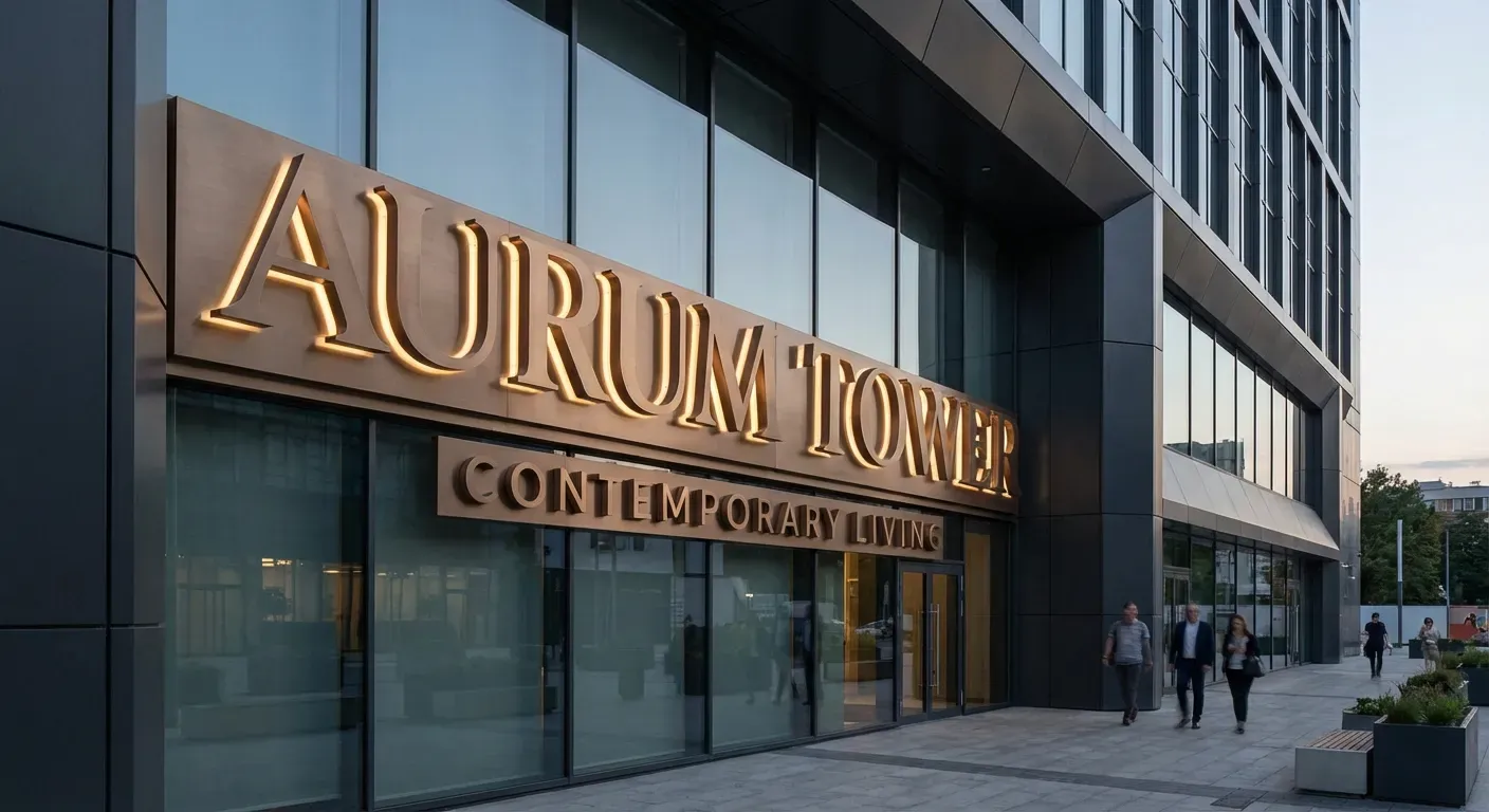 Fachada moderna com texto 3D elegante em tipografia contemporânea