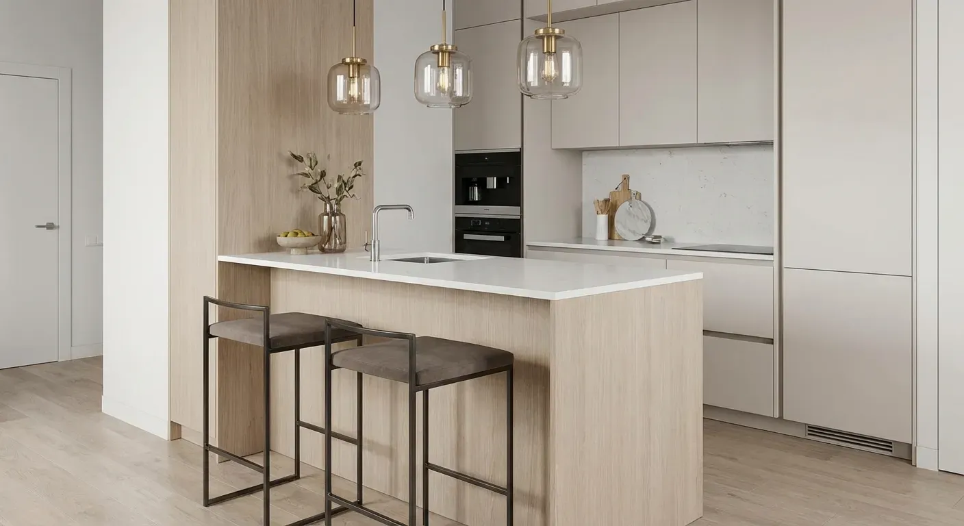 Ilha compacta de cozinha com bancada de apoio