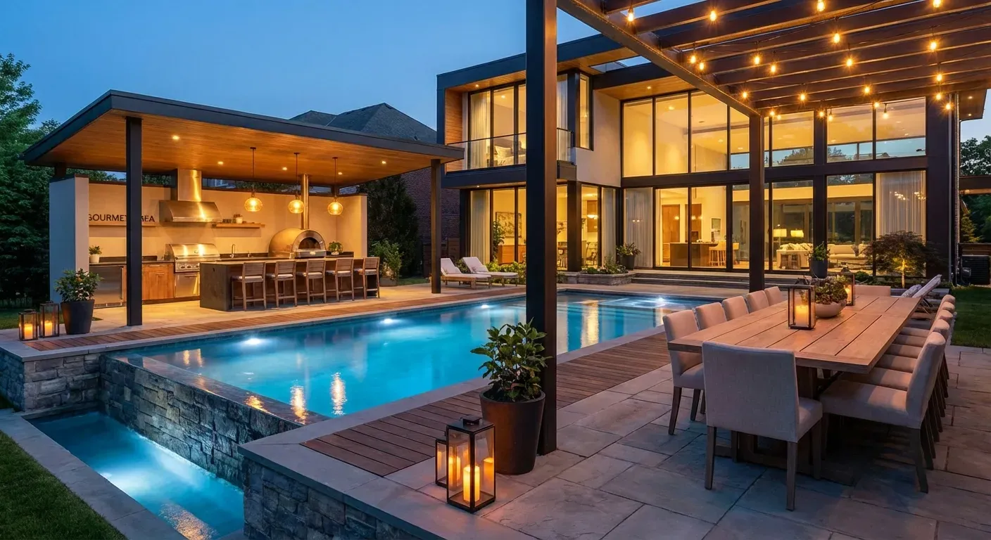 Piscina com deck integrado e espaço gourmet ao fundo