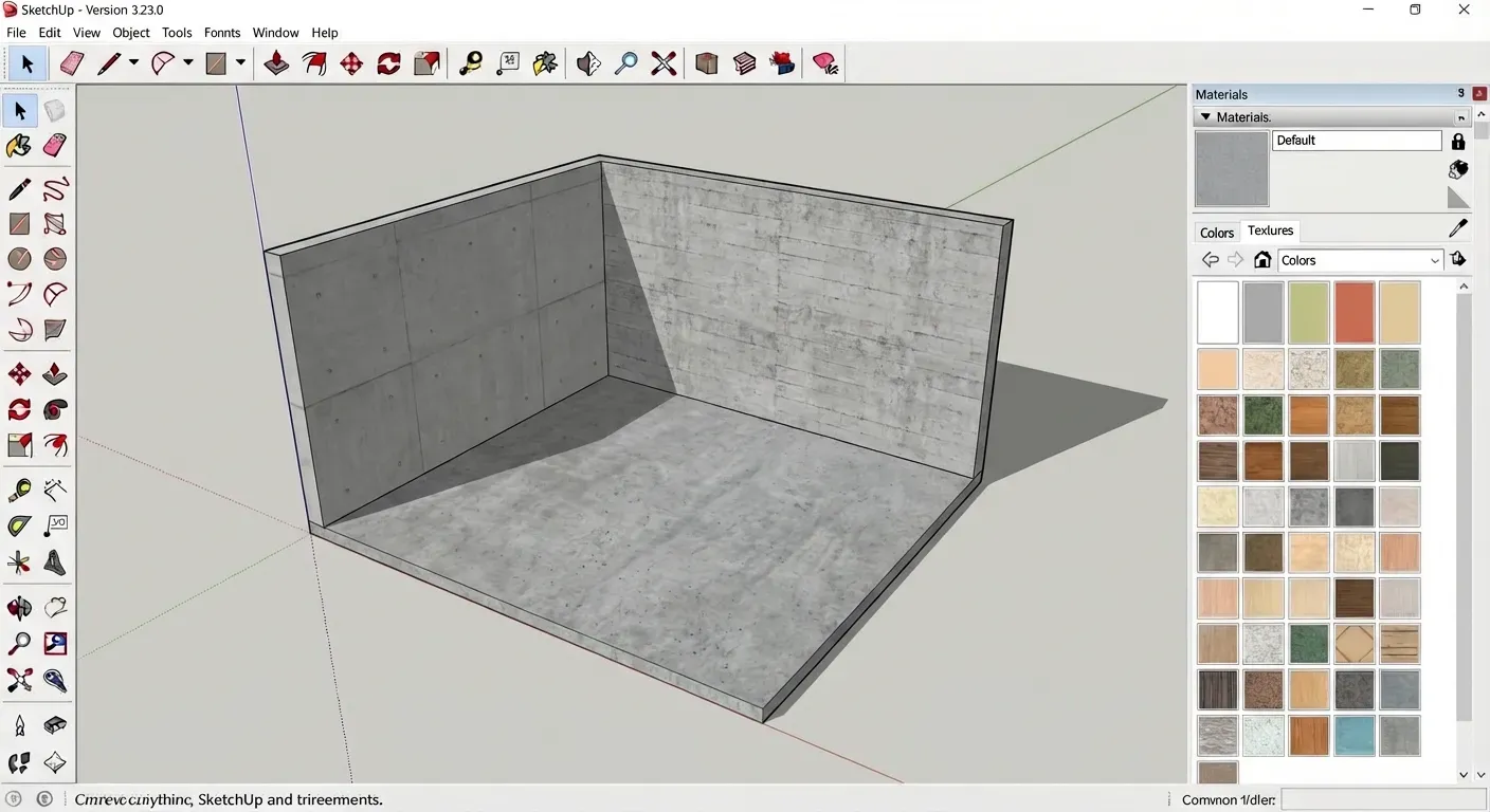 Interface do SketchUp mostrando aplicação de textura cimento queimado