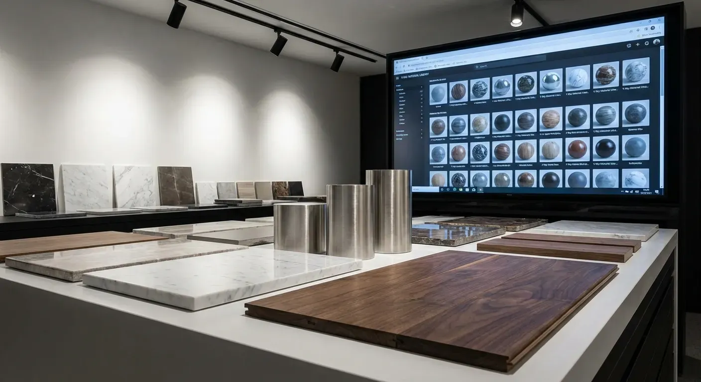 Showcase de materiais V-Ray realistas: mármore, madeira e metal